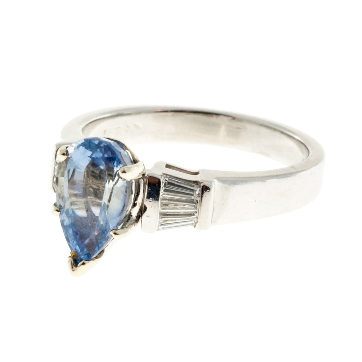 Vintage 2.62ct Fancy Light Blue Pear Sapphire Platinum .18ct Taper Diamond Ring – image 5
