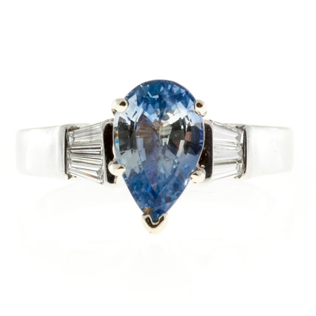 Vintage 2.62ct Fancy Light Blue Pear Sapphire Platinum .18ct Taper Diamond Ring