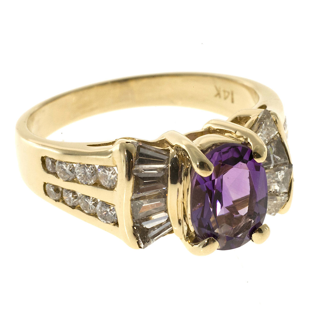 Vintage 1.25ct Oval Amethyst Baguette Round Diamond 0.49ct 14k Gold Ring
