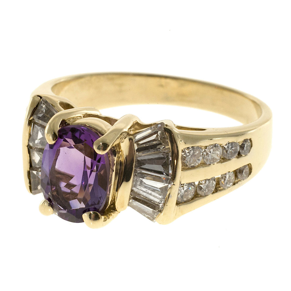 Vintage 1.25ct Oval Amethyst Baguette Round Diamond 0.49ct 14k Gold Ring – image 5