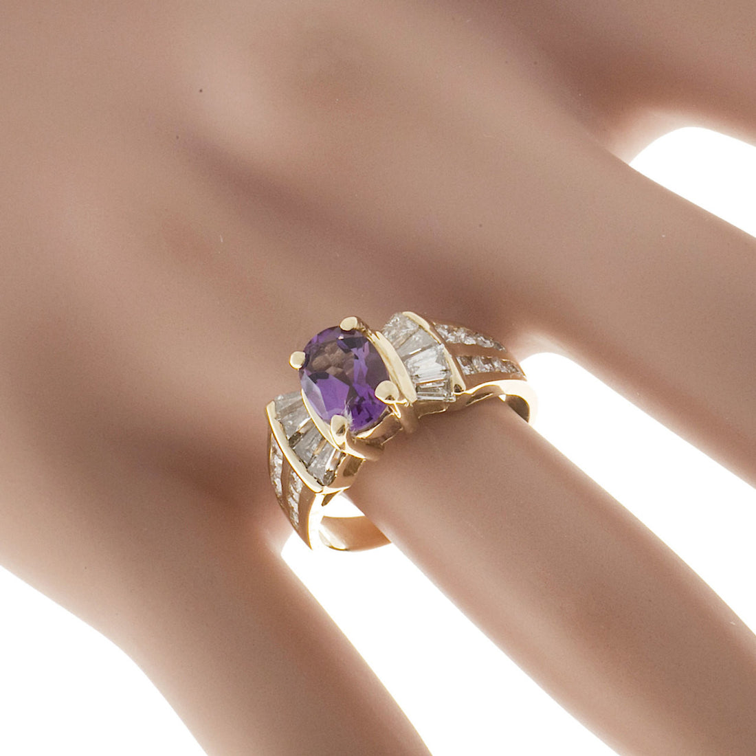 Vintage 1.25ct Oval Amethyst Baguette Round Diamond 0.49ct 14k Gold Ring – image 7