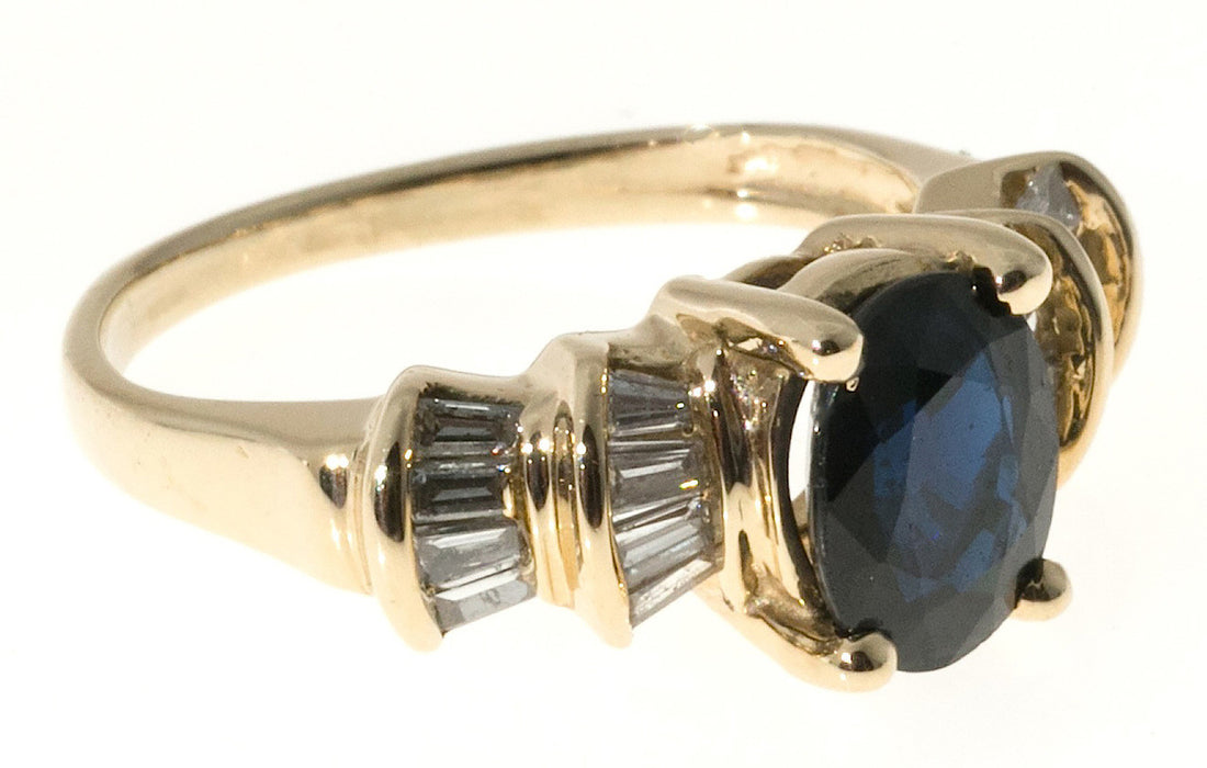 Vintage 1.50ct Deep Sapphire .32ct Baguette Cut Diamond 14k Yellow Gold Ring – image 3