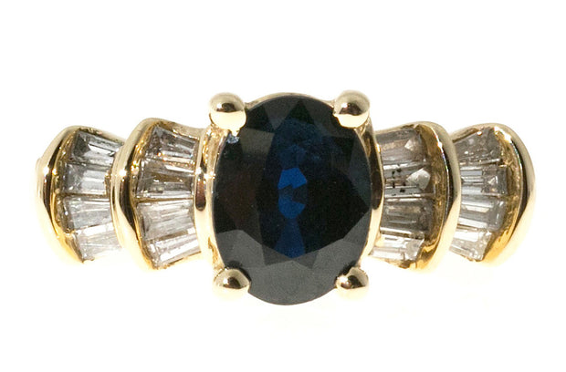 Vintage 1.50ct Deep Sapphire .32ct Baguette Cut Diamond 14k Yellow Gold Ring