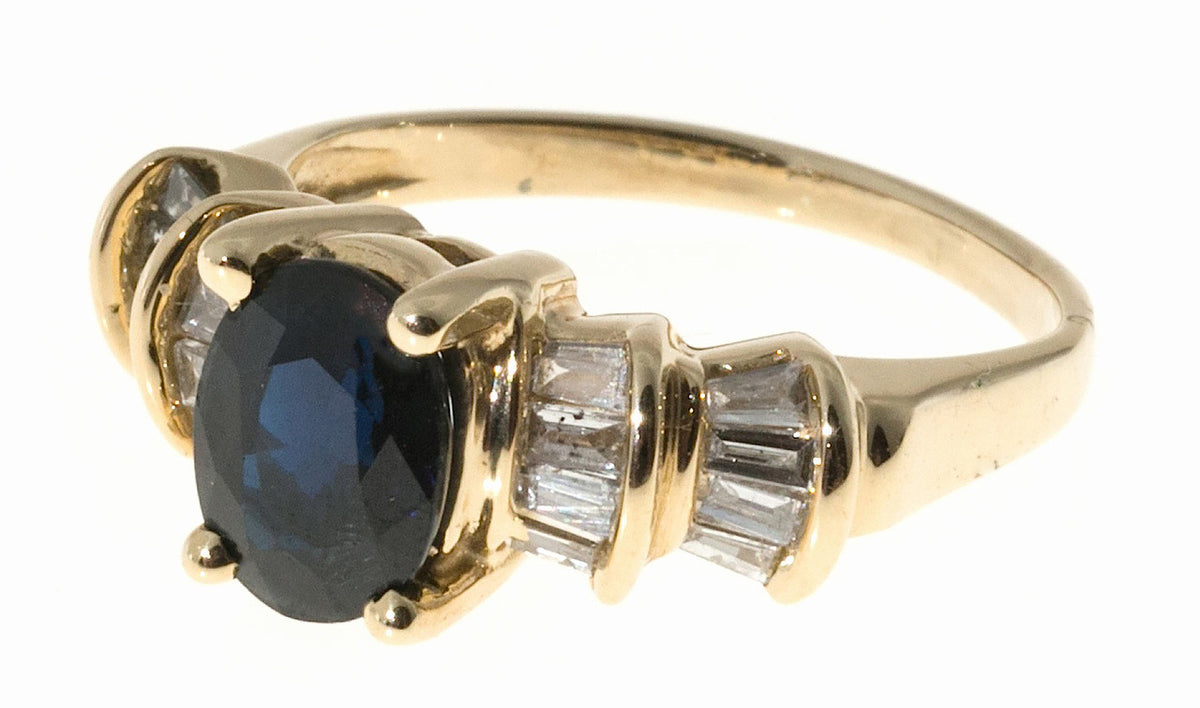 Vintage 1.50ct Deep Sapphire .32ct Baguette Cut Diamond 14k Yellow Gold Ring – image 2