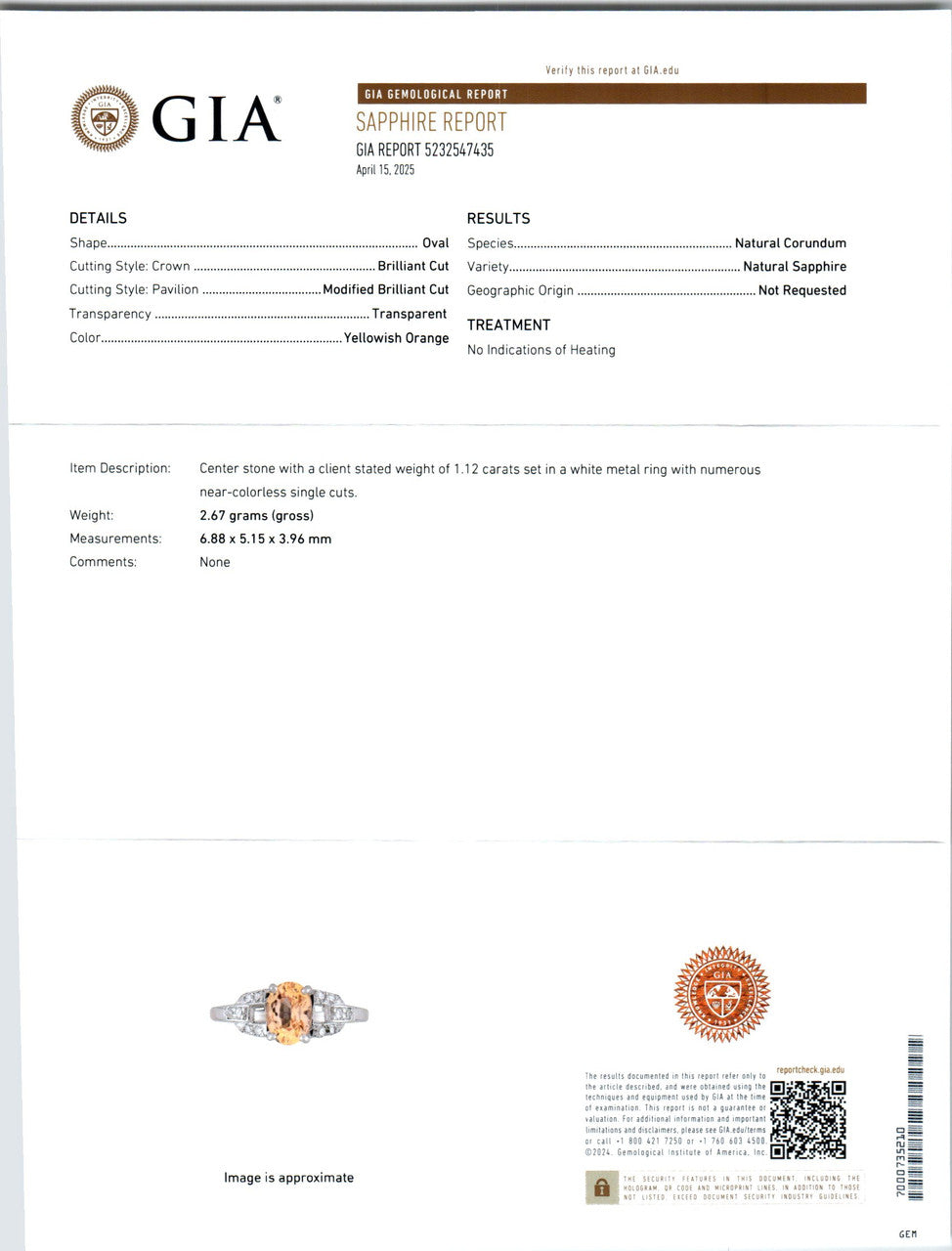 GIA 1.21 Carat Natural Yellow Orange Sapphire Diamond Platinum Engagement Ring – image 3