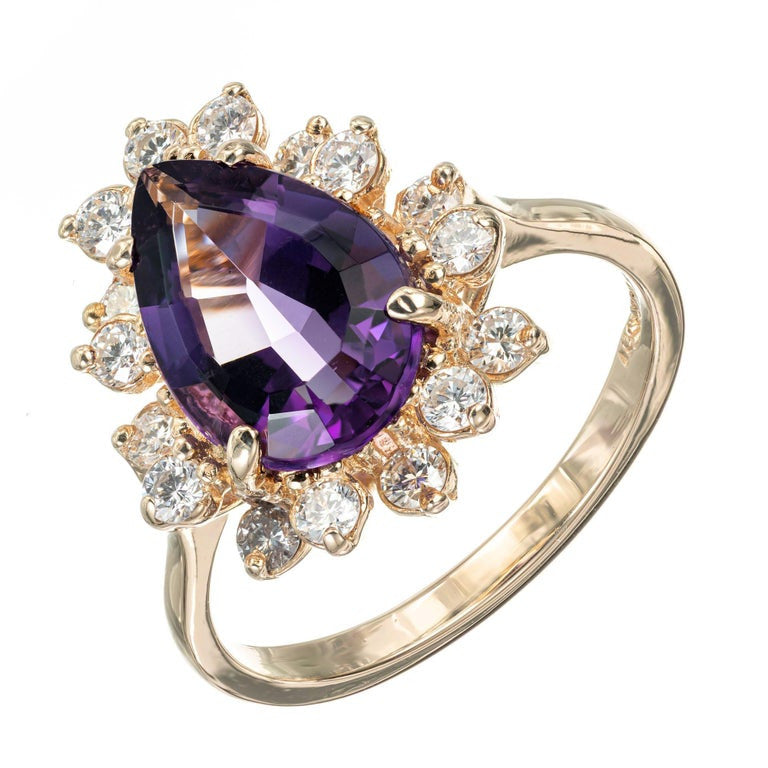 2.65 Carat Pear Shaped Natural Amethyst Diamond Halo Gold Ring – image 2