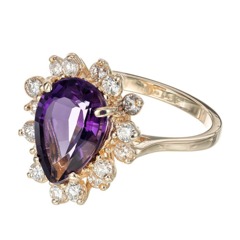 2.65 Carat Pear Shaped Natural Amethyst Diamond Halo Gold Ring – image 3