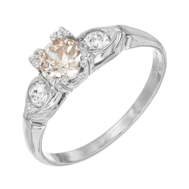 GIA .42 Carat Brown Diamond Three-Stone Platinum Art Deco Engagement Ring