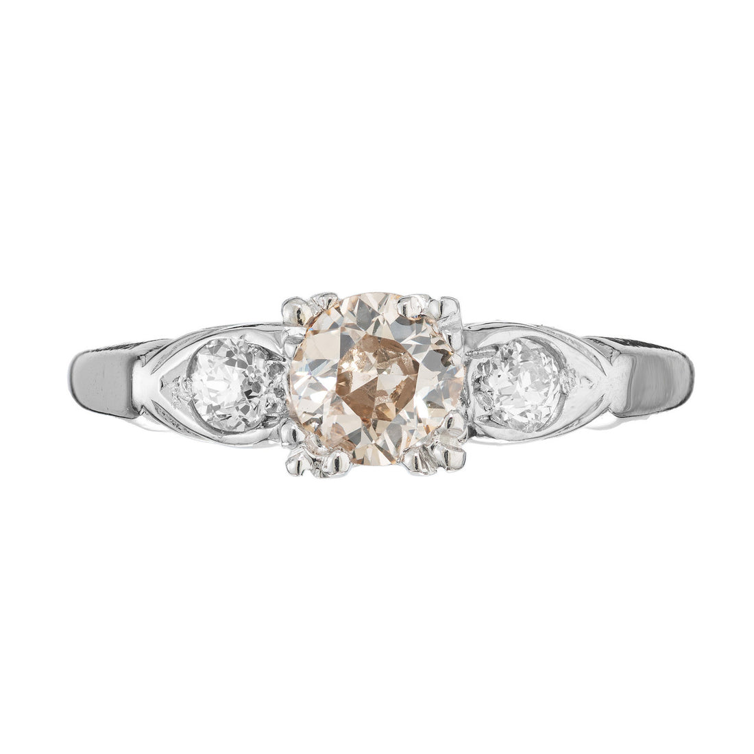 GIA .42 Carat Brown Diamond Three-Stone Platinum Art Deco Engagement Ring – image 2