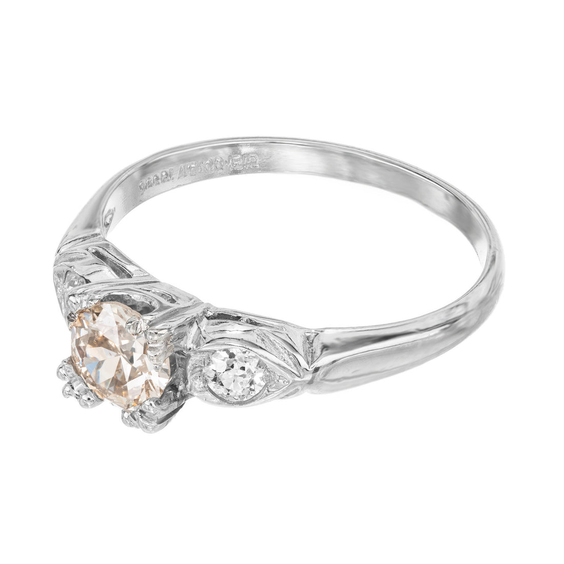 GIA .42 Carat Brown Diamond Three-Stone Platinum Art Deco Engagement Ring – image 5