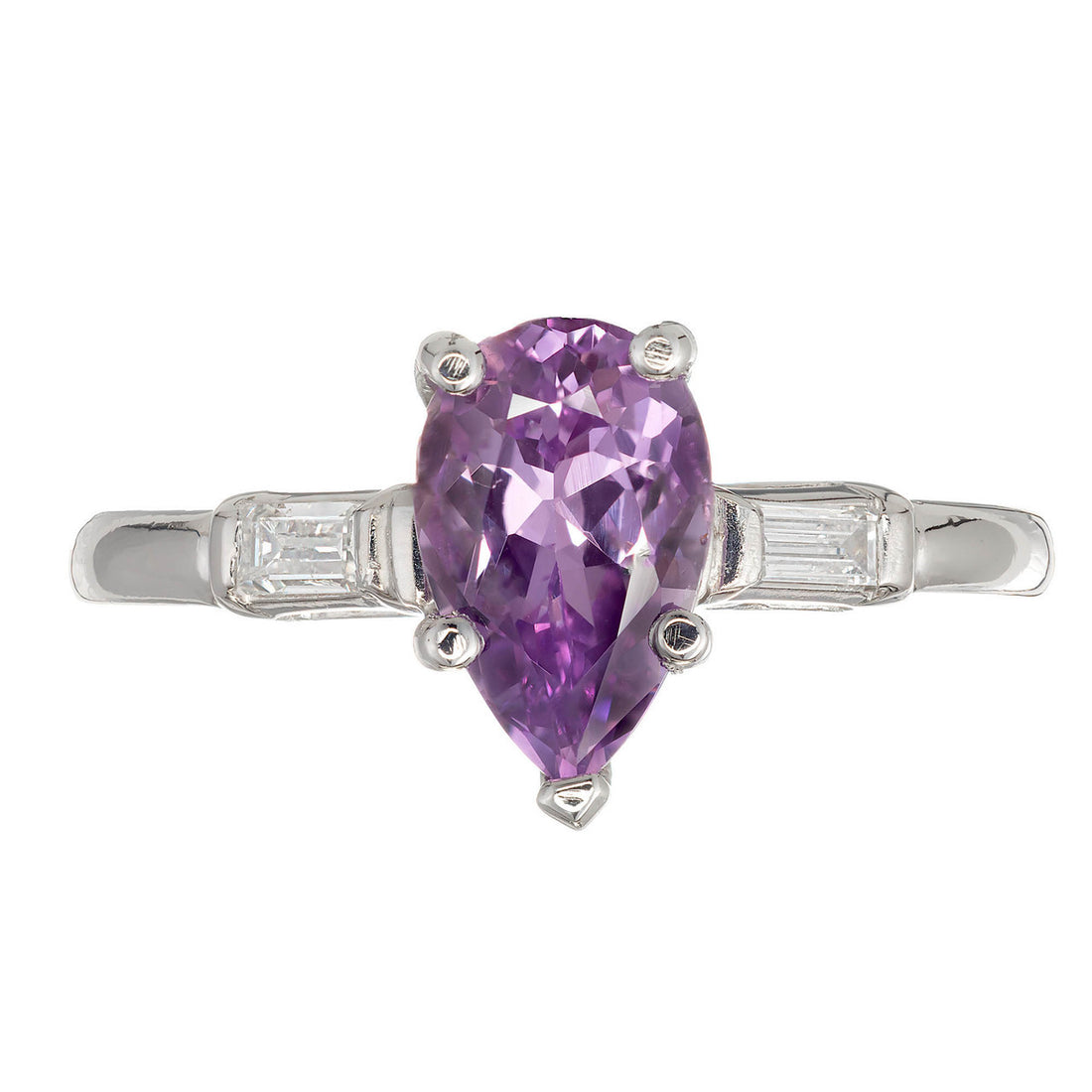Vintage 1.70ct Pear Purple Sapphire Natural Platinum Baguette Diamond Ring – image 3