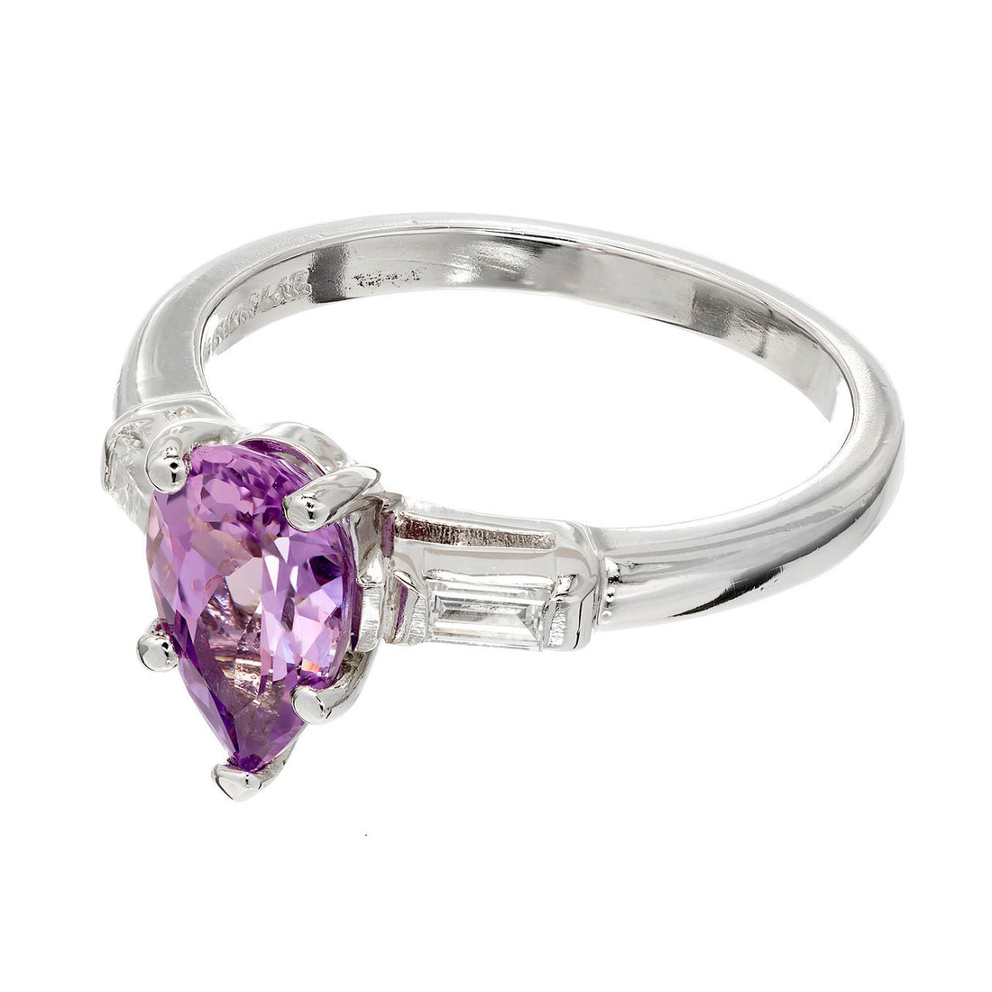 Vintage 1.70ct Pear Purple Sapphire Natural Platinum Baguette Diamond Ring – image 4