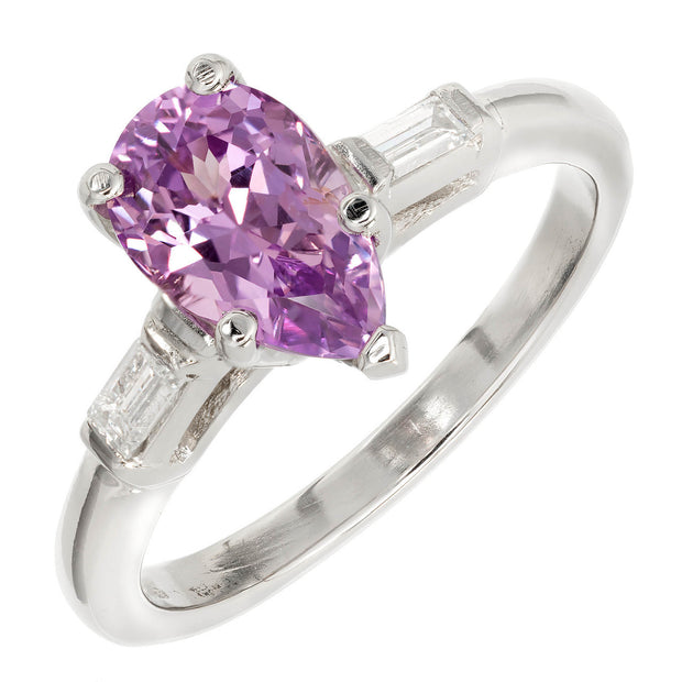 Vintage 1.70ct Pear Purple Sapphire Natural Platinum Baguette Diamond Ring