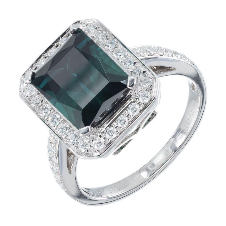 3.65 Carat Green Tourmaline Diamond Halo Gold Engagement Ring – image 2