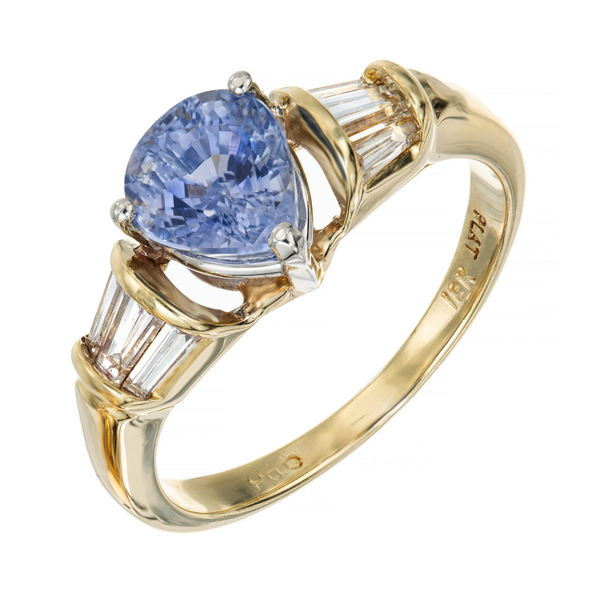 2.27 Carat Pear Shaped Sapphire Baguette Diamond Platinum Gold Engagement Ring
