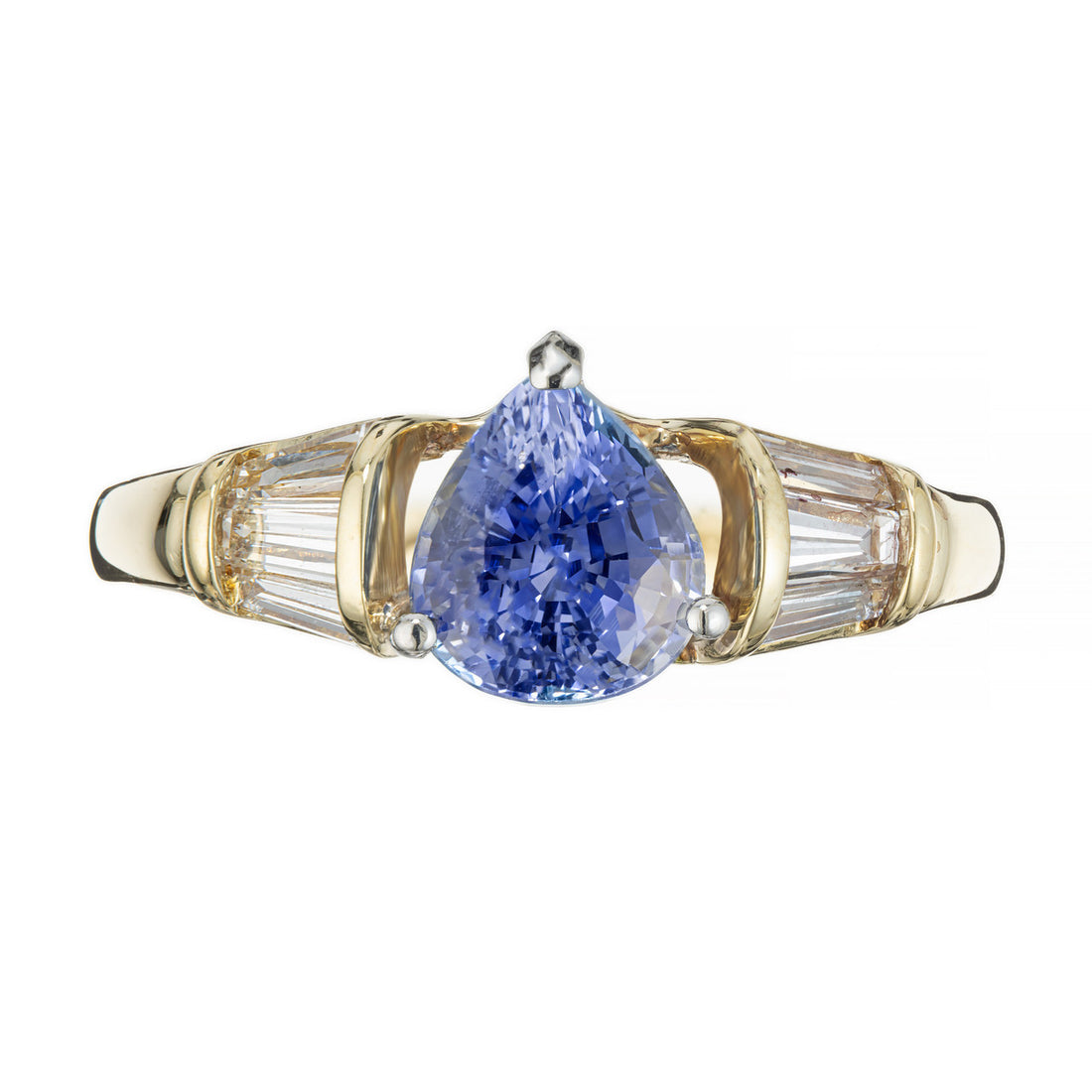 2.27 Carat Pear Shaped Sapphire Baguette Diamond Platinum Gold Engagement Ring – image 2