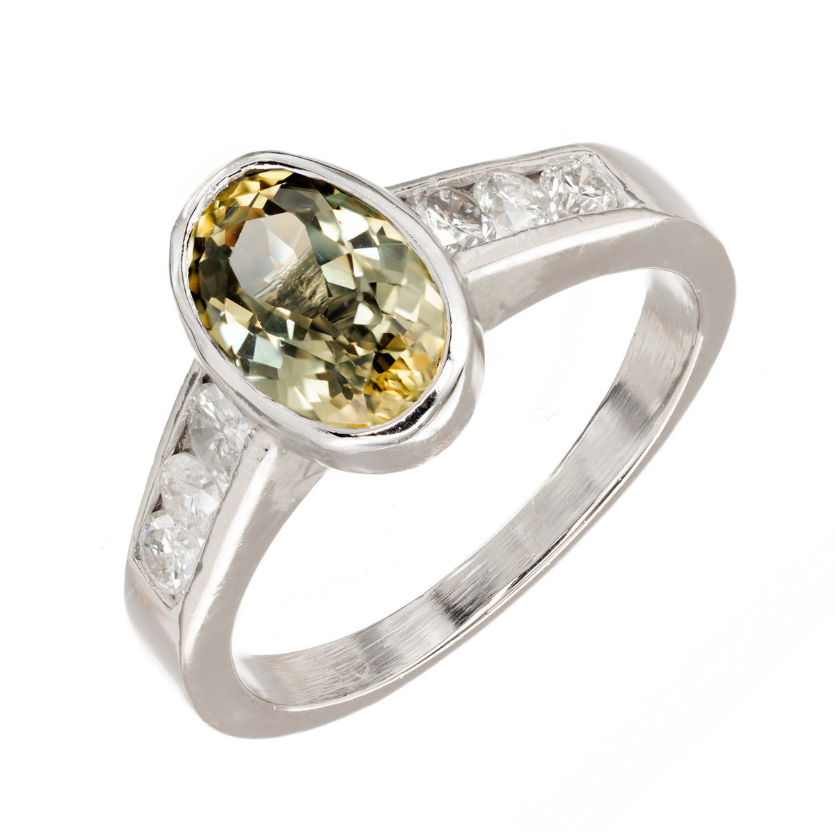 Vintage 2.20ct Green Yellow Natural No Heat Sapphire Platinum .36CT Diamond Ring