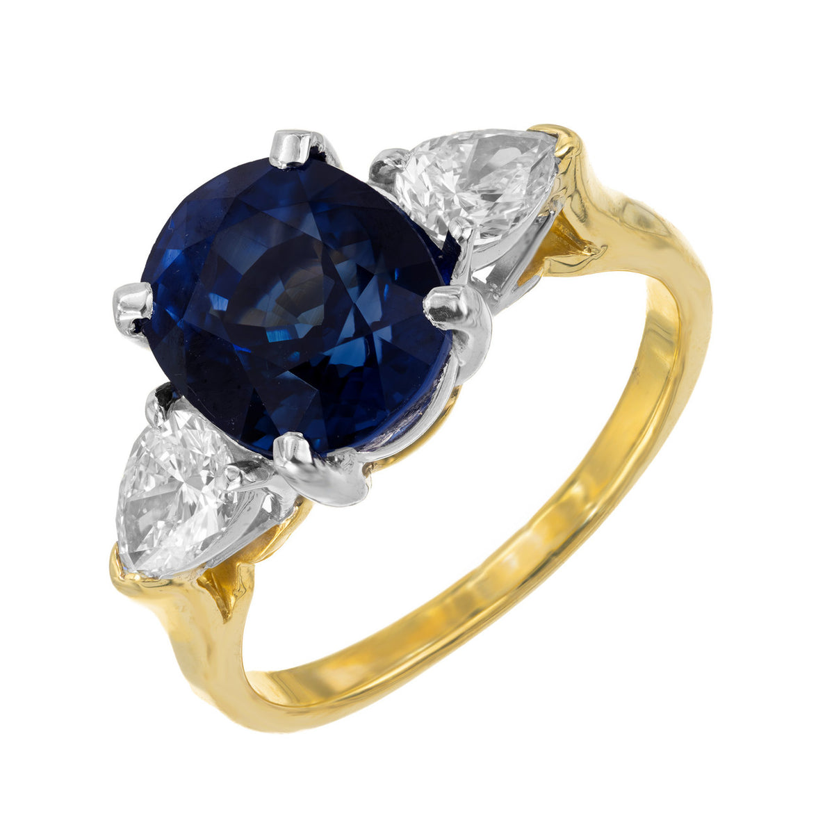 4.53 Carat Natural Sapphire Pear Shaped Diamond Gold Platinum Engagement Ring
