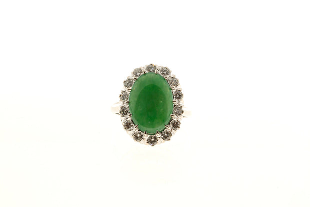 Vintage Oval Natural AA Jadeite Jade .42ct 14k White Gold Full Cut Diamond Ring