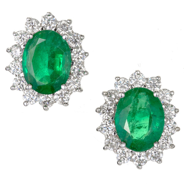 VIntage 3.25ct Gem Oval Green Emerald 1.20ct Diamond 18k Yellow Gold Earrings