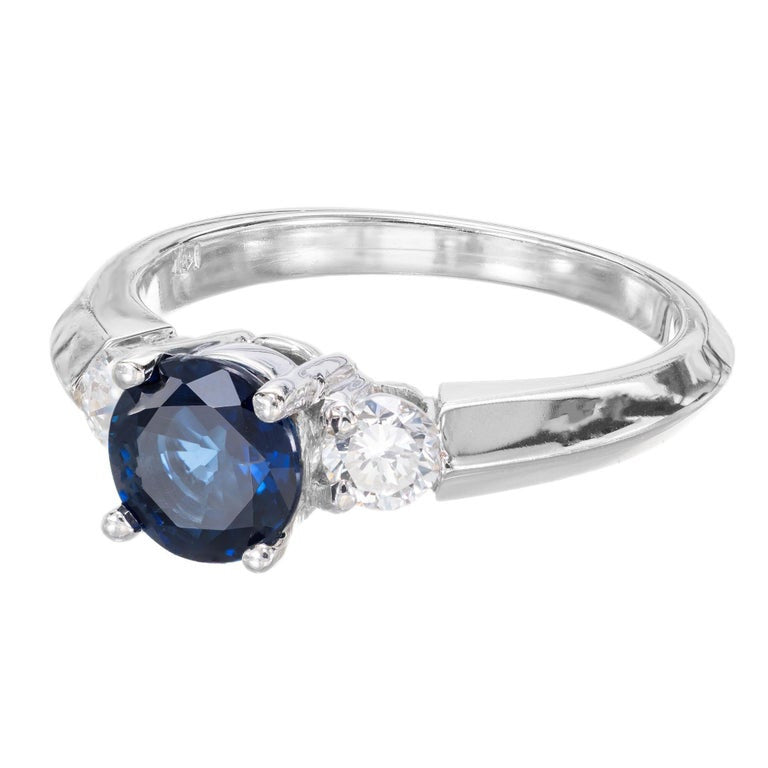 1.08 Carat Blue Sapphire Diamond 14 Karat White Gold Three-Stone Ring – image 3
