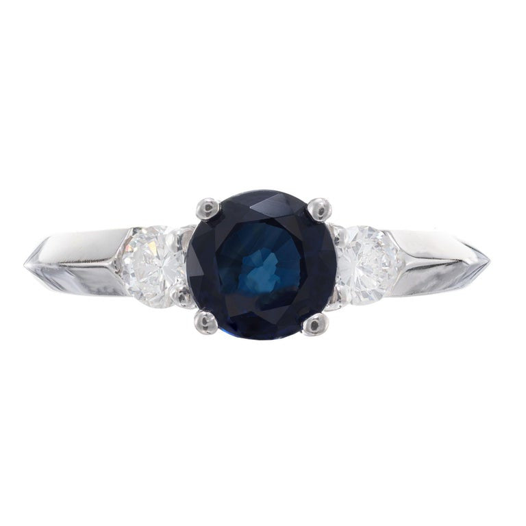 1.08 Carat Blue Sapphire Diamond 14 Karat White Gold Three-Stone Ring – image 2