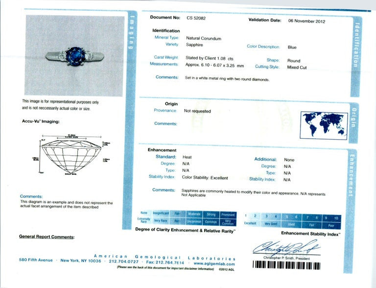 1.08 Carat Blue Sapphire Diamond 14 Karat White Gold Three-Stone Ring – image 9
