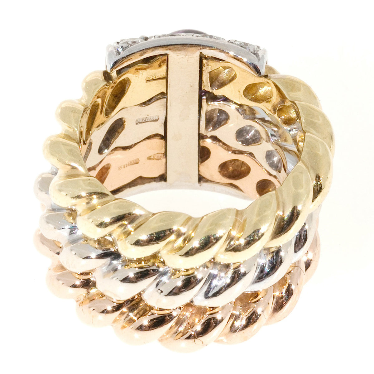 Amethyst Cabochon Diamond Tri Color Gold Cocktail Ring – image 4