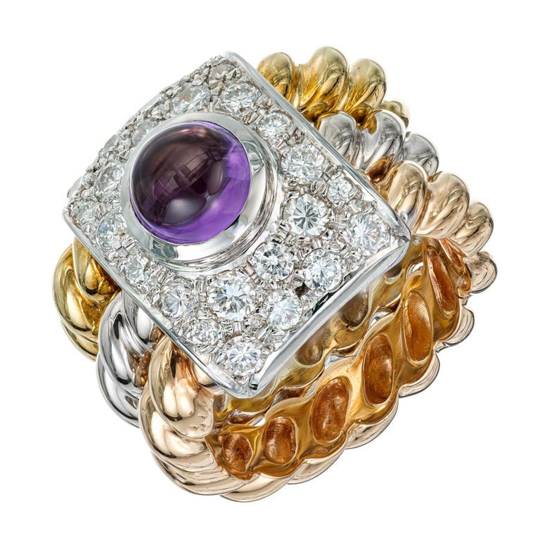 Amethyst Cabochon Diamond Tri Color Gold Cocktail Ring – image 2