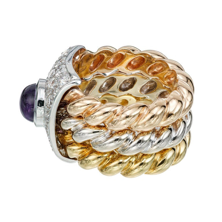 Amethyst Cabochon Diamond Tri Color Gold Cocktail Ring – image 5
