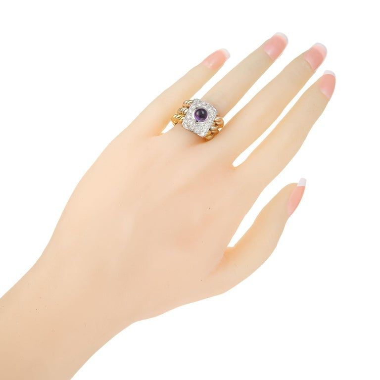 Amethyst Cabochon Diamond Tri Color Gold Cocktail Ring – image 3
