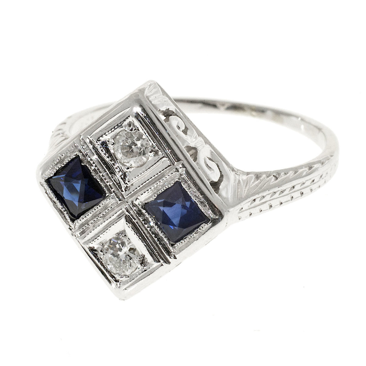 Vintage Art Deco 18k Gold .40ct Calibre Sapphire .10ct European Cut Diamond Ring – image 4
