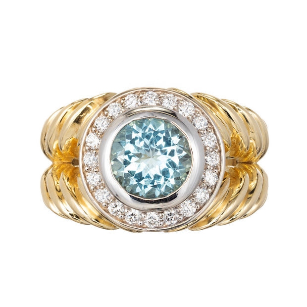 1.63 Carat Aquamarine Diamond Halo Two-Color Gold Swirl Cocktail Ring