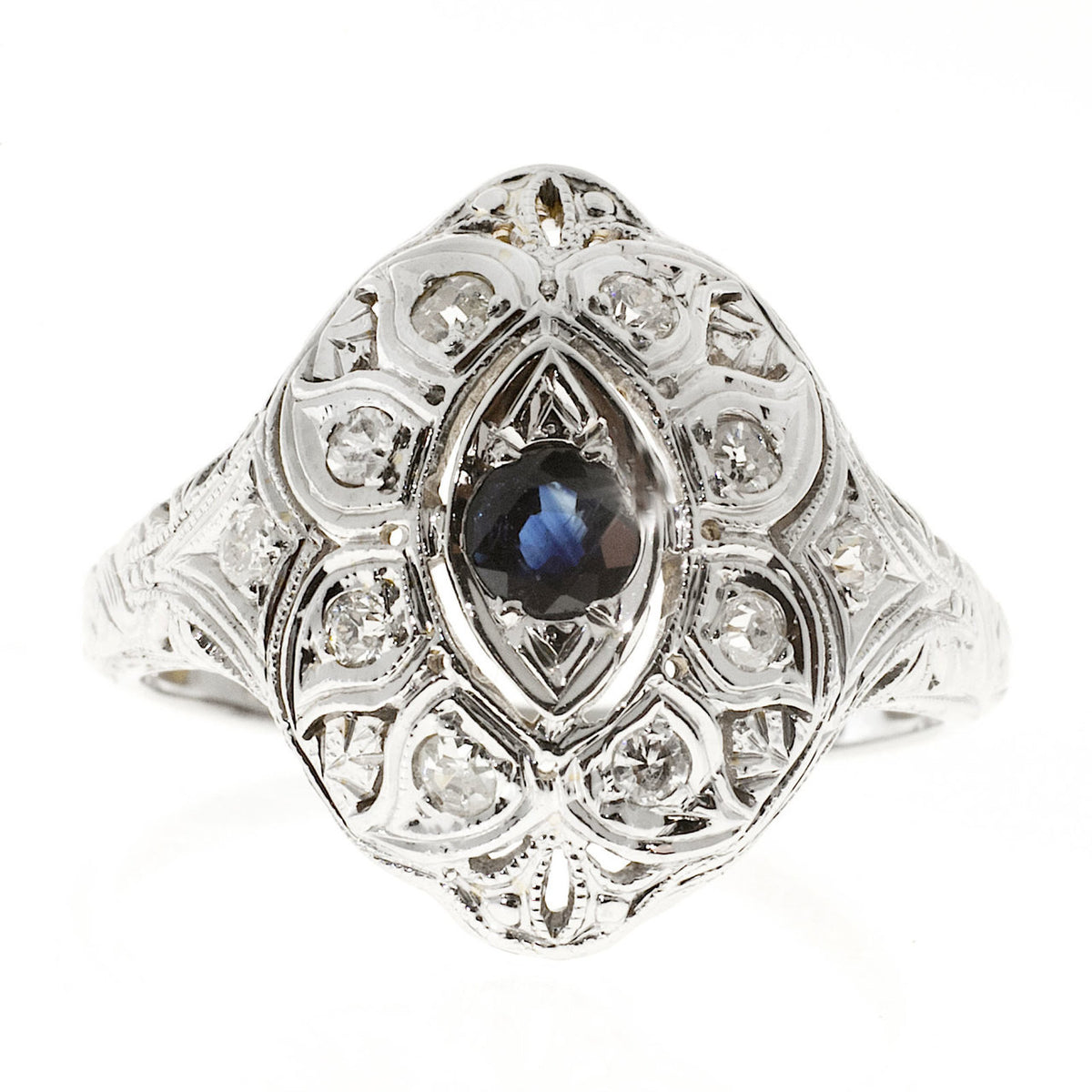 Vintage Art Deco 18K White Gold .08ct Diamond .15ct Sapphire Ring