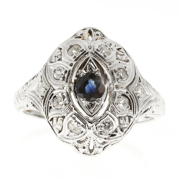 Vintage Art Deco 18K White Gold .08ct Diamond .15ct Sapphire Ring