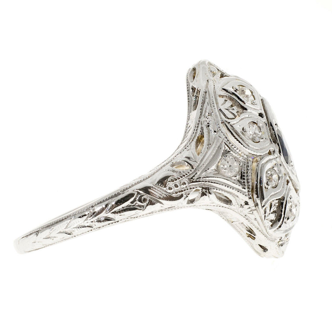 Vintage Art Deco 18K White Gold .08ct Diamond .15ct Sapphire Ring – image 3