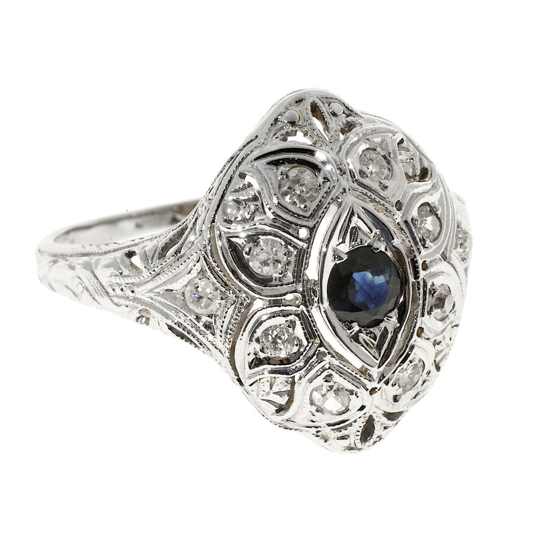 Vintage Art Deco 18K White Gold .08ct Diamond .15ct Sapphire Ring – image 4