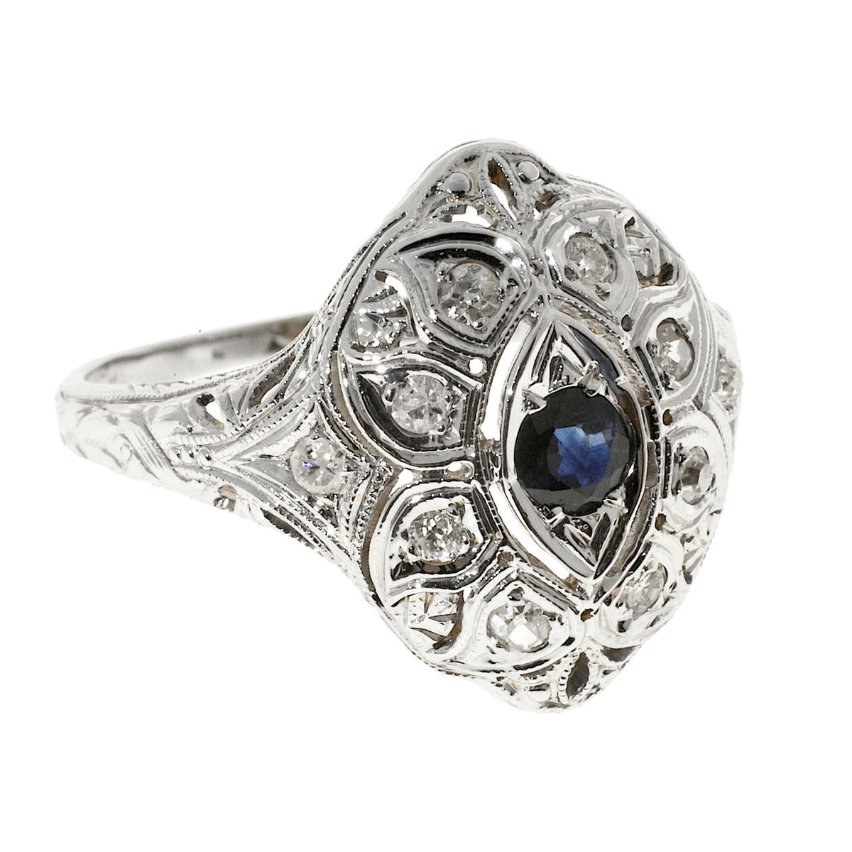 Vintage Art Deco 18K White Gold .08ct Diamond .15ct Sapphire Ring – image 4