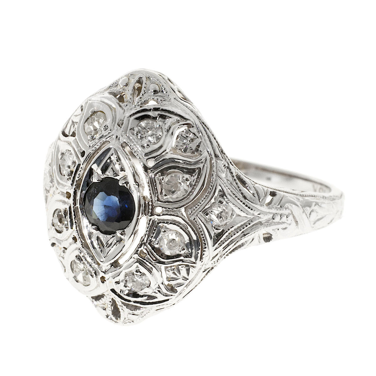 Vintage Art Deco 18K White Gold .08ct Diamond .15ct Sapphire Ring – image 5