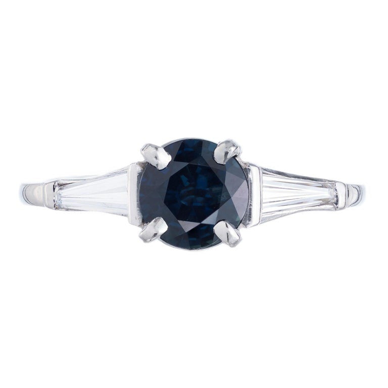1.00 Carat Round Sapphire Baguette Diamond Three-Stone Platinum Engagement Ring – image 2
