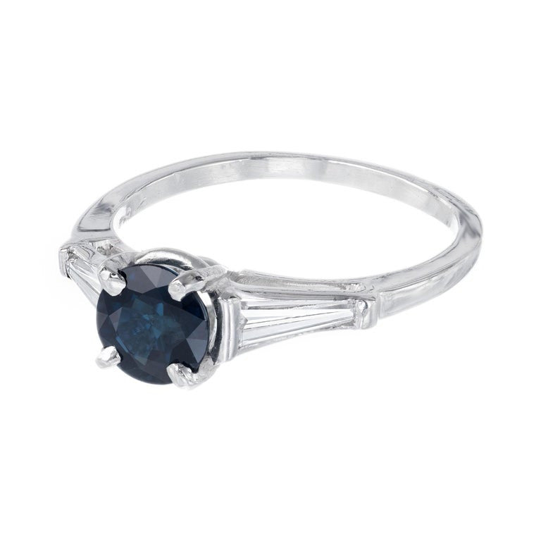 1.00 Carat Round Sapphire Baguette Diamond Three-Stone Platinum Engagement Ring – image 3