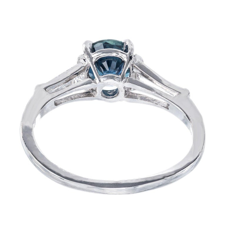 1.00 Carat Round Sapphire Baguette Diamond Three-Stone Platinum Engagement Ring – image 6