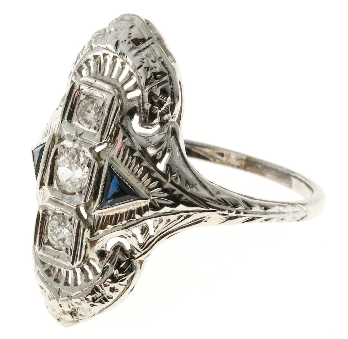 Vintage Estate Art Deco 1940 Filigree Ring .18ct Diamond Triangle Sapphire 18k – image 3