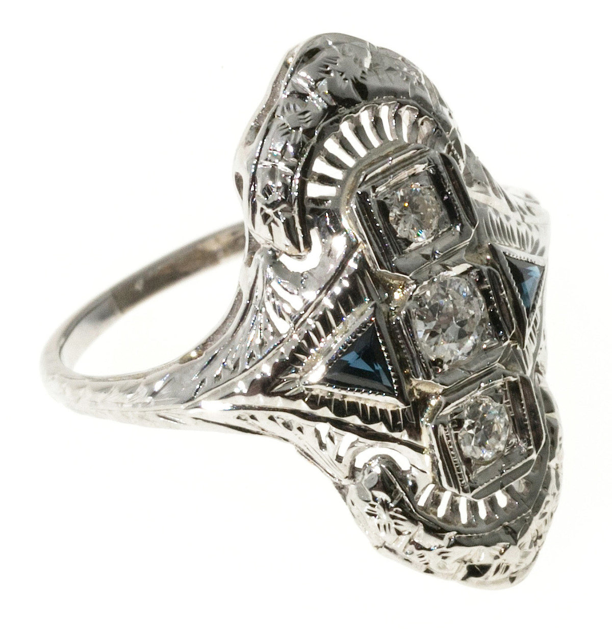 Vintage Estate Art Deco 1940 Filigree Ring .18ct Diamond Triangle Sapphire 18k – image 4