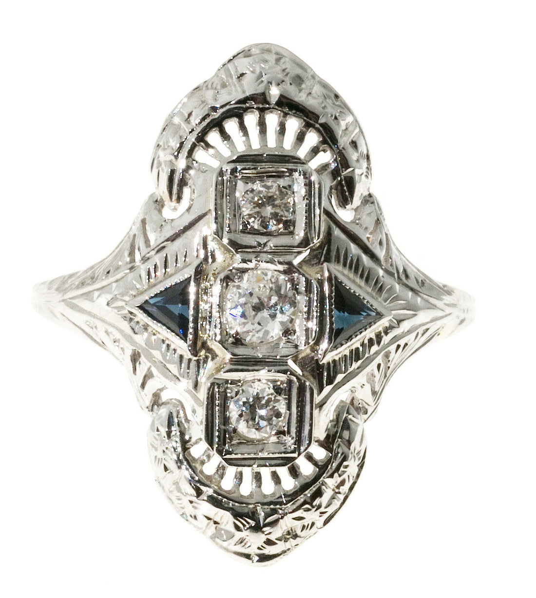 Vintage Estate Art Deco 1940 Filigree Ring .18ct Diamond Triangle Sapphire 18k – image 6