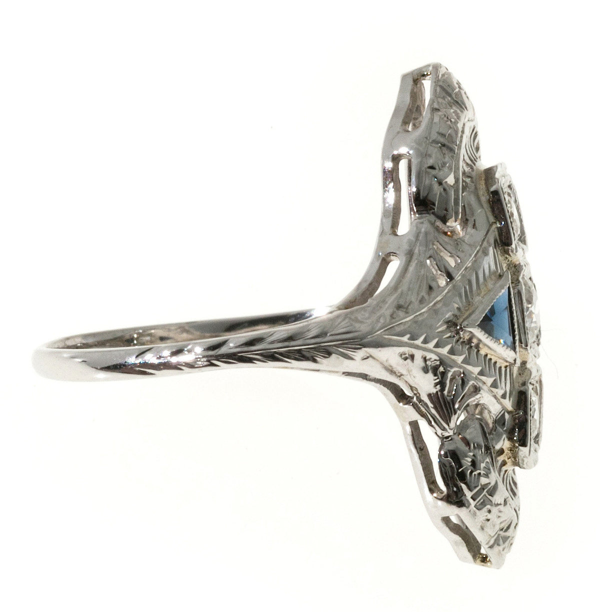 Vintage Estate Art Deco 1940 Filigree Ring .18ct Diamond Triangle Sapphire 18k – image 7