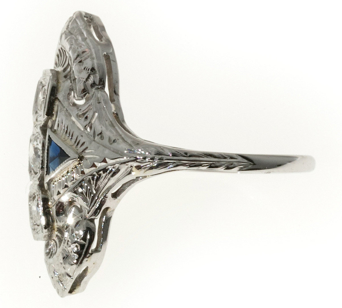 Vintage Estate Art Deco 1940 Filigree Ring .18ct Diamond Triangle Sapphire 18k – image 8