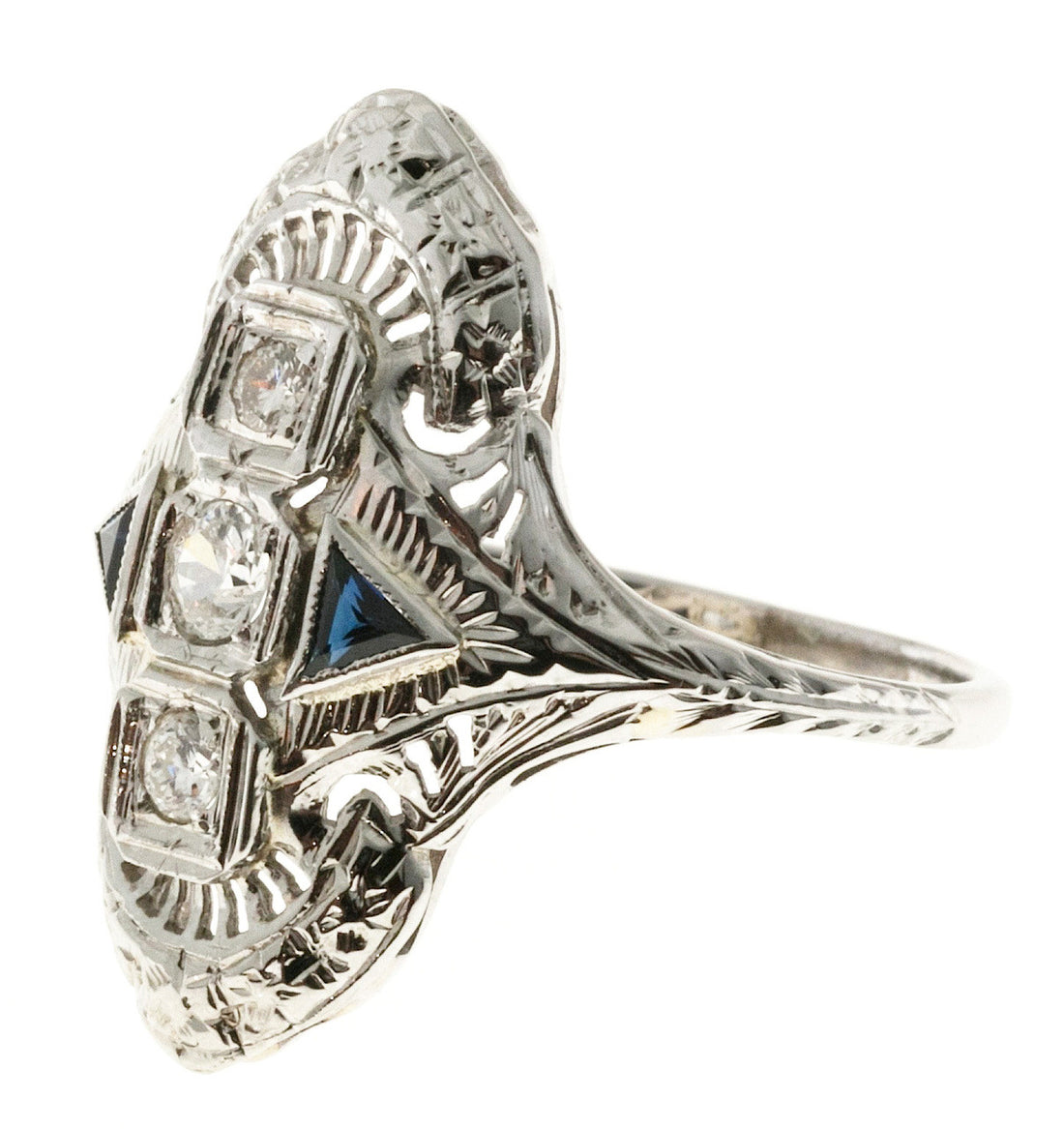 Vintage Estate Art Deco 1940 Filigree Ring .18ct Diamond Triangle Sapphire 18k – image 2