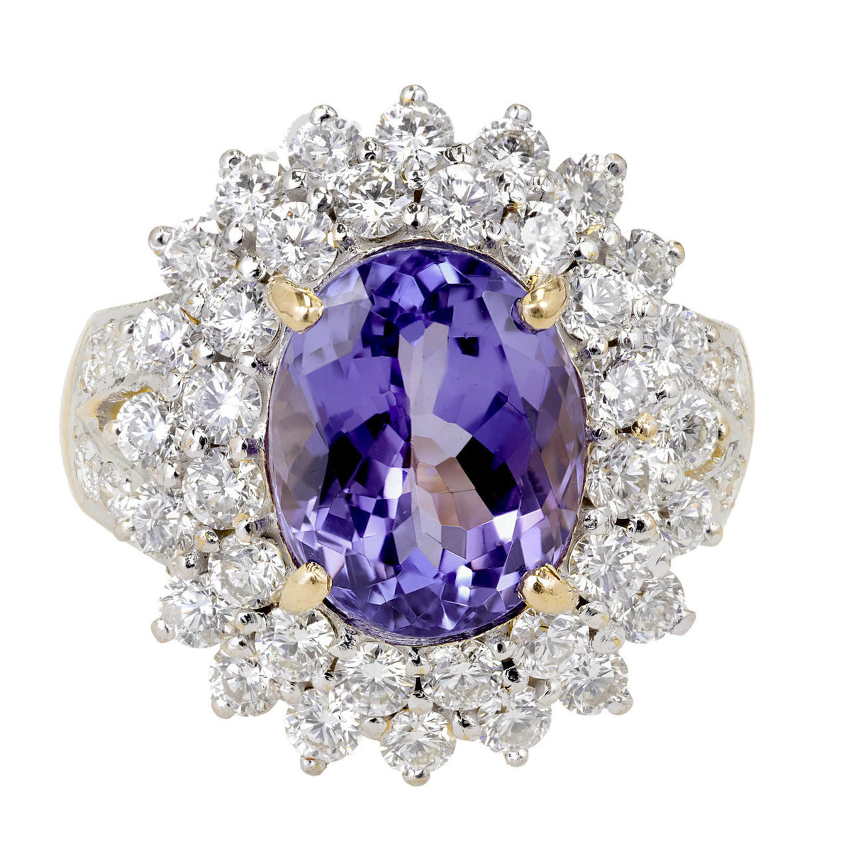 5.17 Carat Oval Purple Blue Tanzanite Diamond Halo Gold Cluster Cocktail Ring