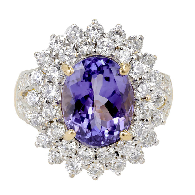 5.17 Carat Oval Purple Blue Tanzanite Diamond Halo Gold Cluster Cocktail Ring